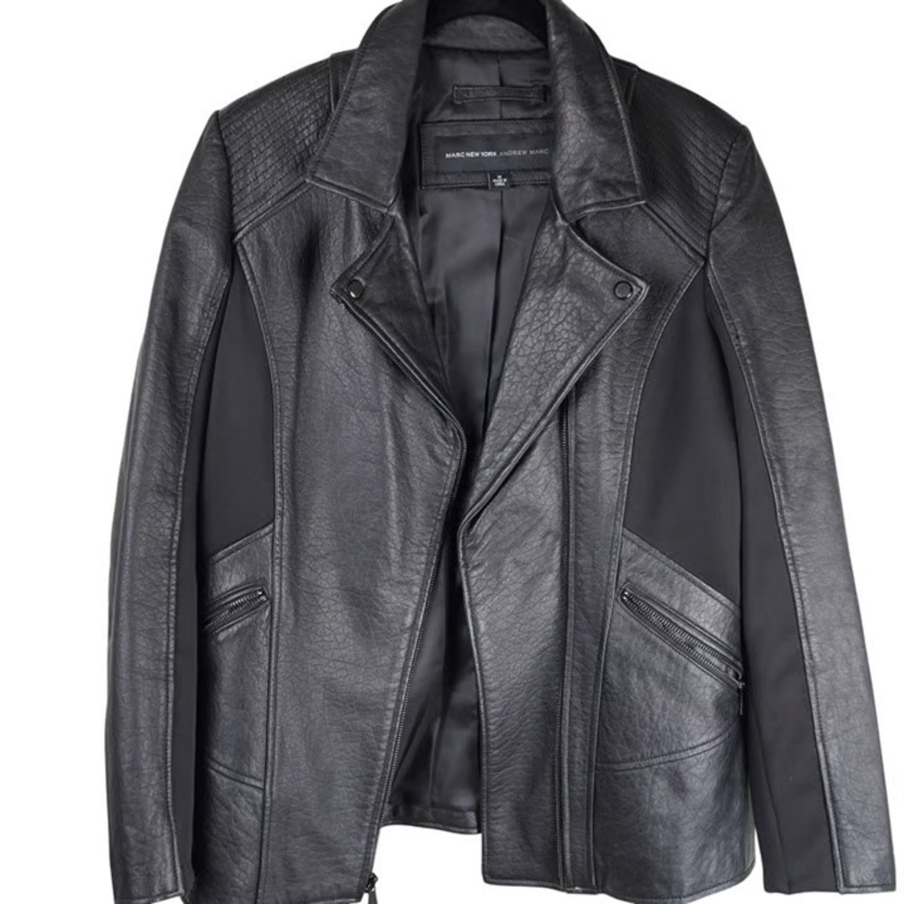 MARC NEW YORK Andrew Marc Lambskin Black Leather Mixed Material Jacket